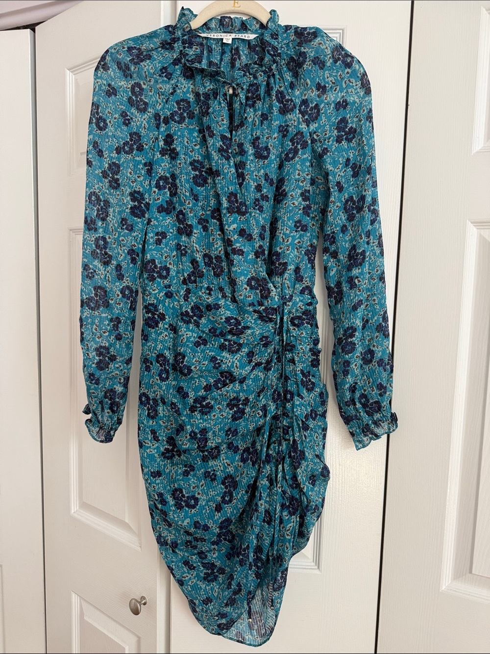 Veronica Beard Teal and Navy Floral Long-Sleeve Ruffle Silk Dress
